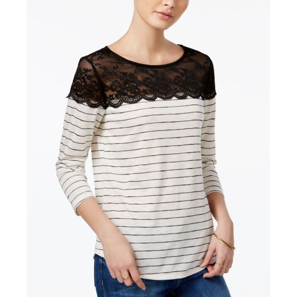 Maison Jules Striped Lace Contrast Top